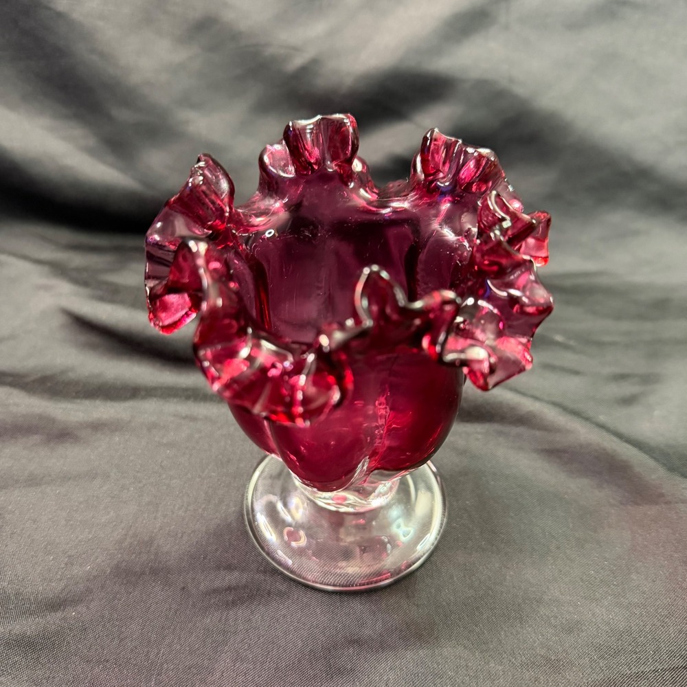 Vintage Fenton Cranberry Glass Melon Ribbed Vase Ruffled Rim Clear Pedestal Foot